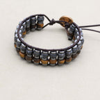 Strength & Protection Tiger Eye Hematite Leather Woven Bracelet