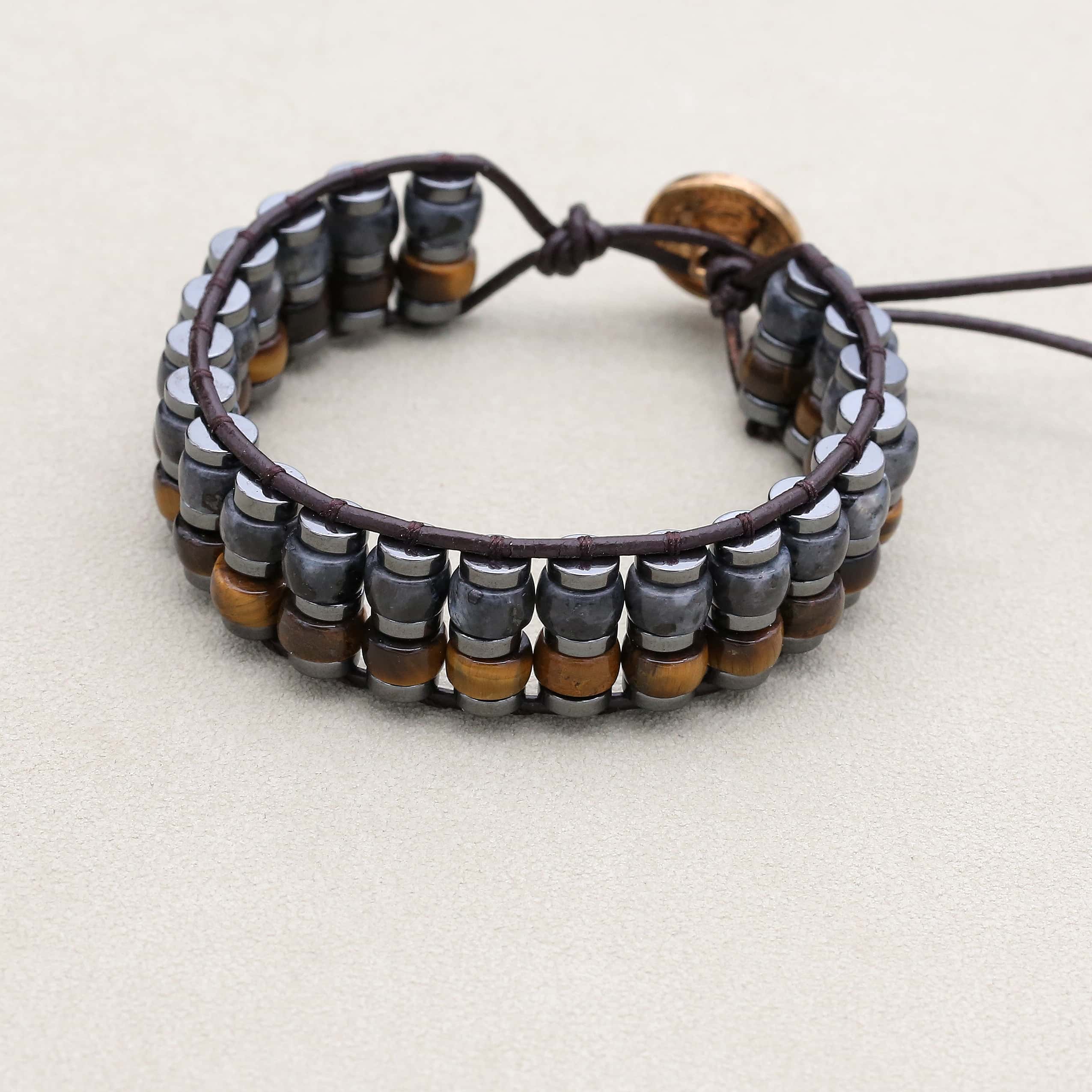 Strength & Protection Tiger Eye Hematite Leather Woven Bracelet