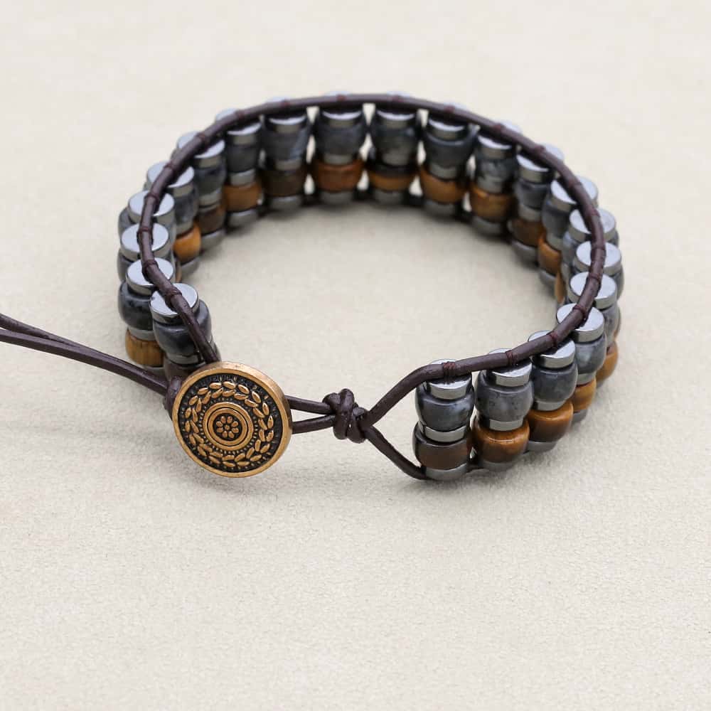 Strength & Protection Tiger Eye Hematite Leather Woven Bracelet