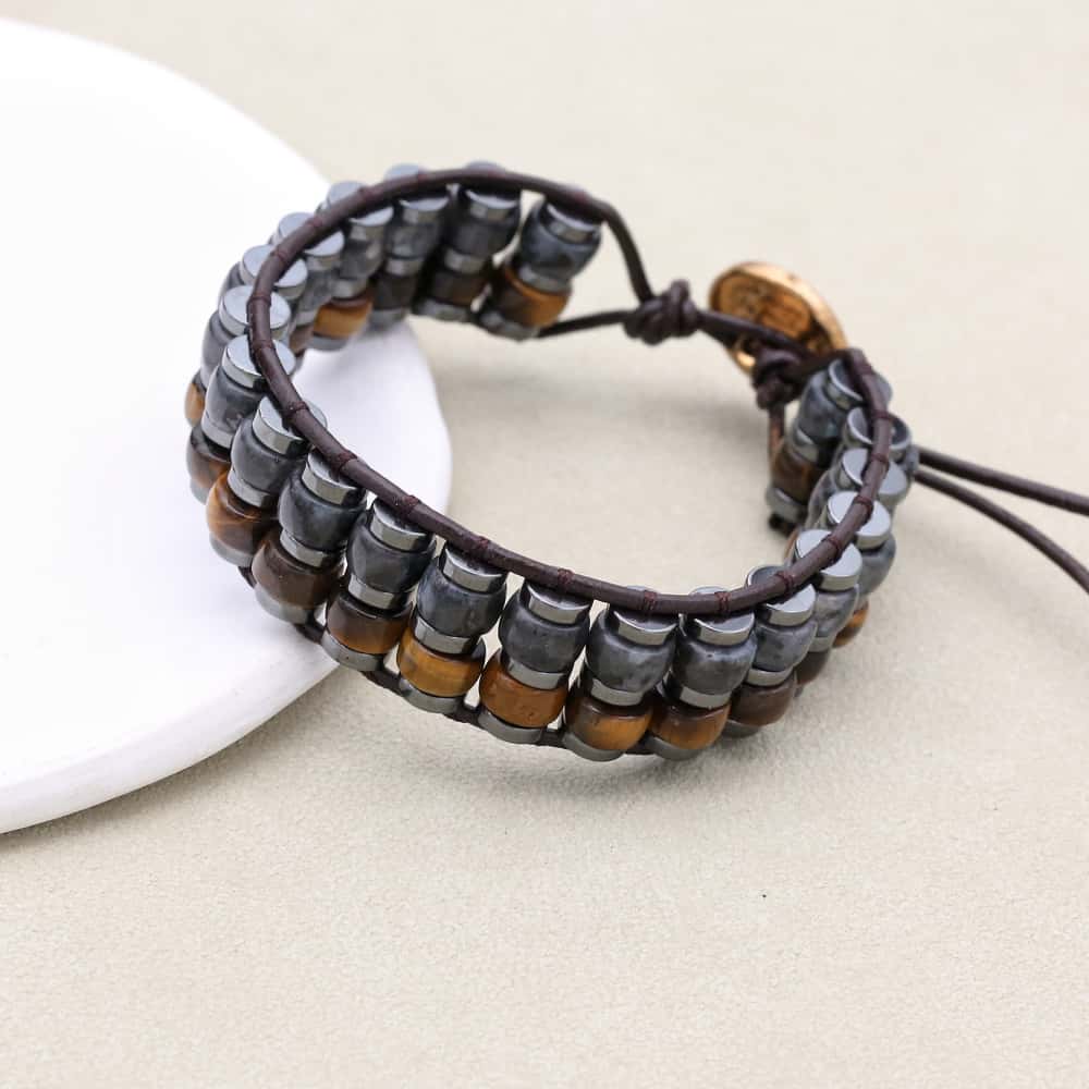 Strength & Protection Tiger Eye Hematite Leather Woven Bracelet