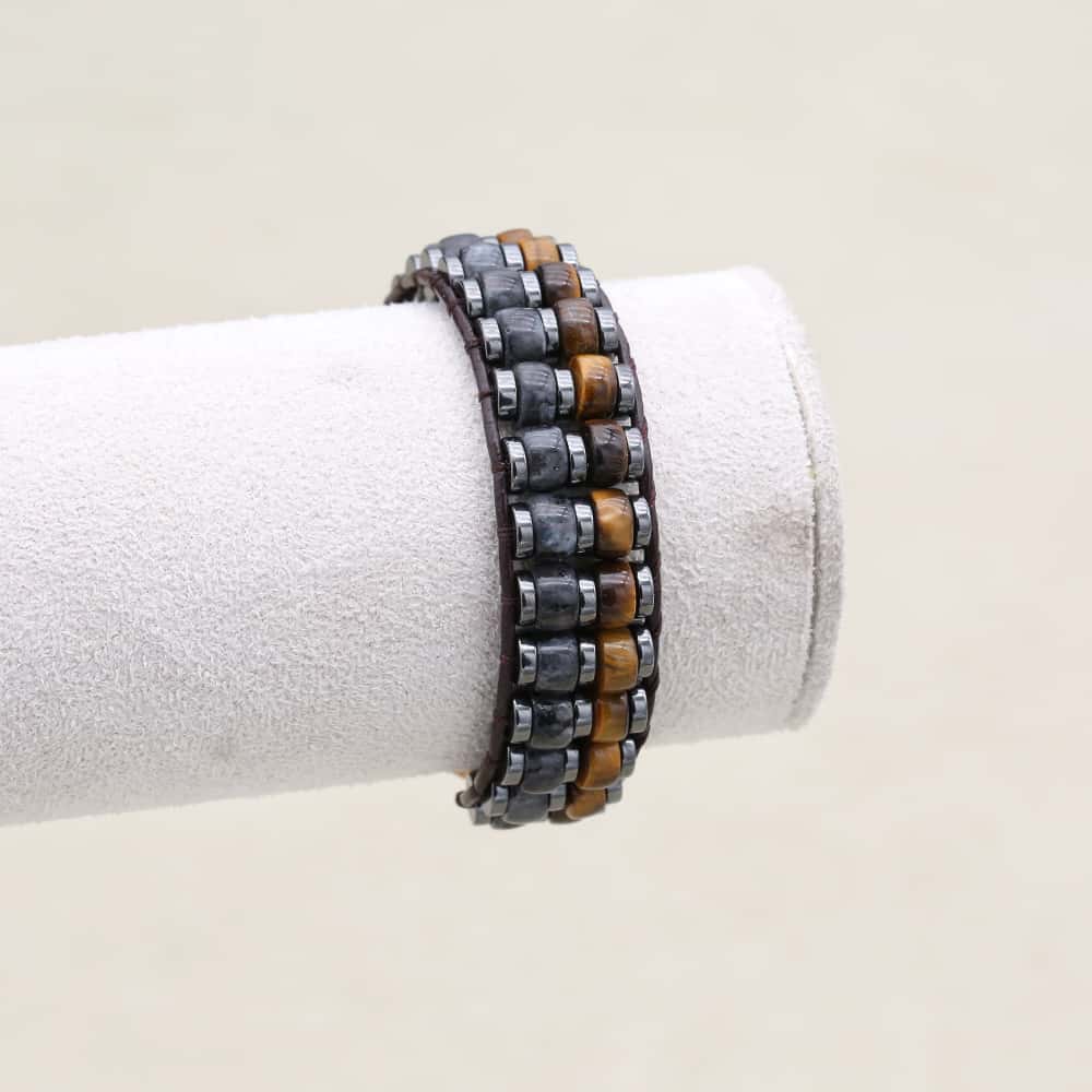 Strength & Protection Tiger Eye Hematite Leather Woven Bracelet