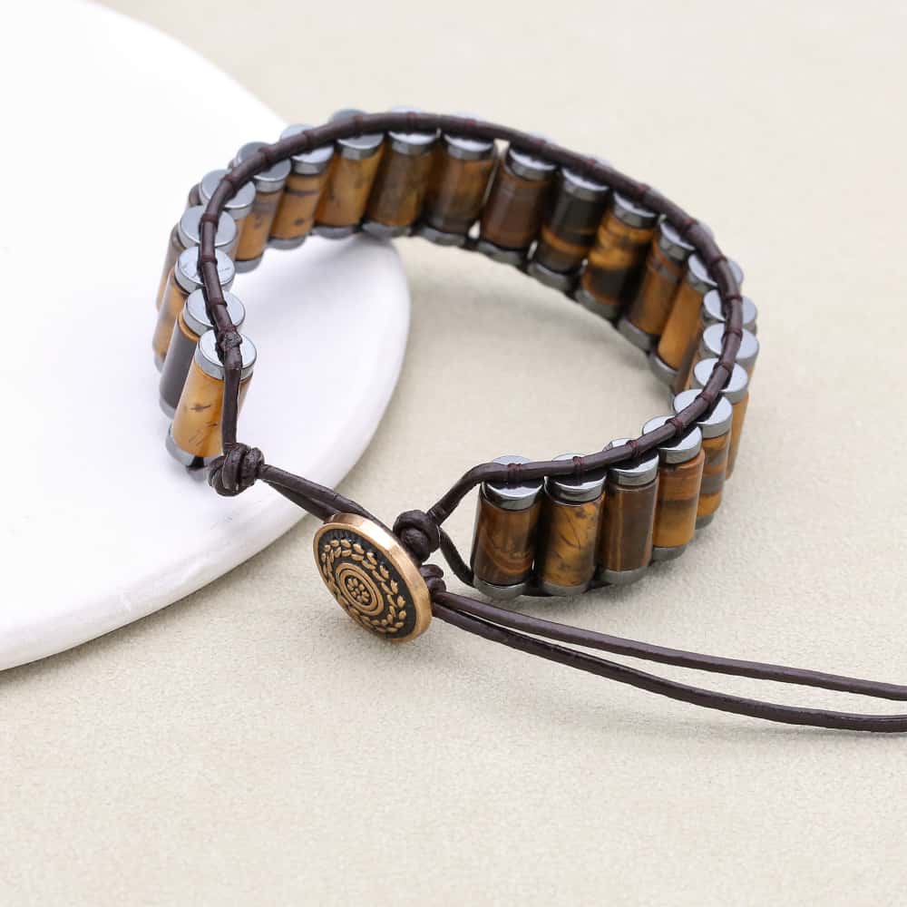 Power & Focus Large Tiger Eye Hematite Woven Leather Bracelet