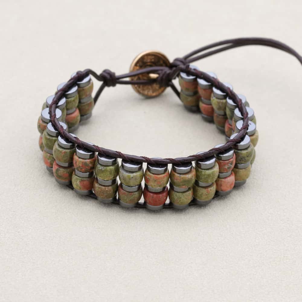 Balance & Vitality: Unakite Hematite Boho Leather Woven Bracelet