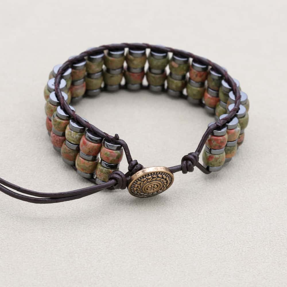 Balance & Vitality: Unakite Hematite Boho Leather Woven Bracelet