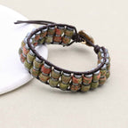 Balance & Vitality: Unakite Hematite Boho Leather Woven Bracelet