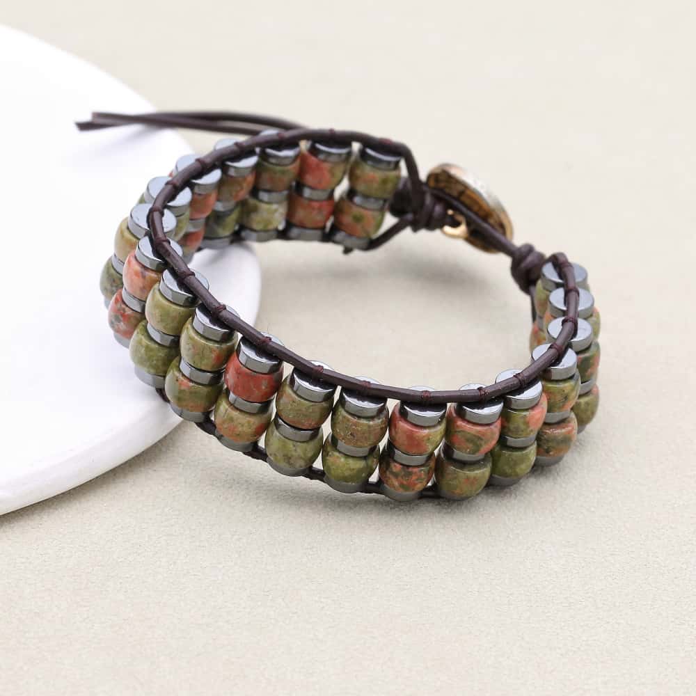Balance & Vitality: Unakite Hematite Boho Leather Woven Bracelet