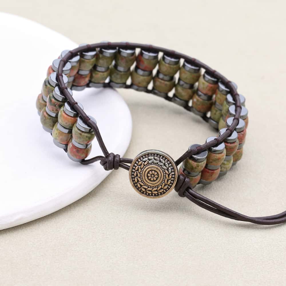 Balance & Vitality: Unakite Hematite Boho Leather Woven Bracelet