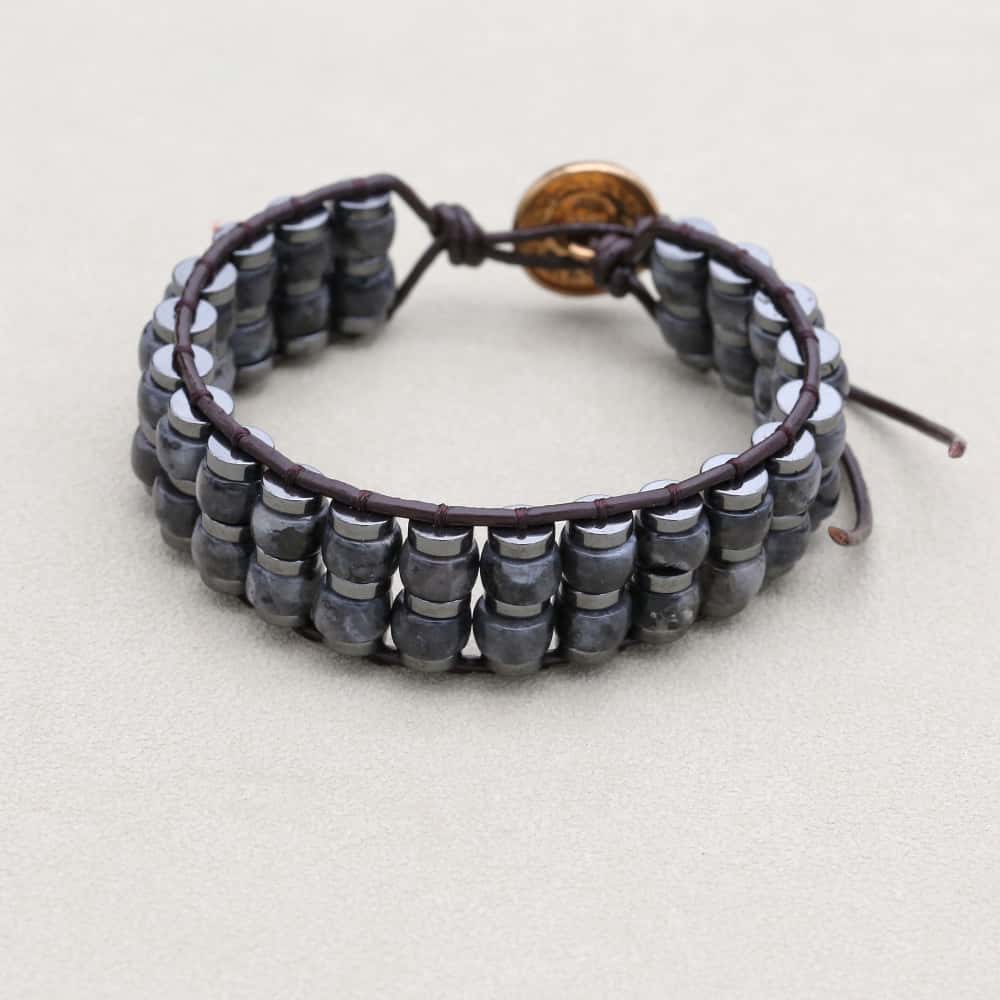 Shield & Aura: Black Flash Hematite Boho Leather Woven Bracelet