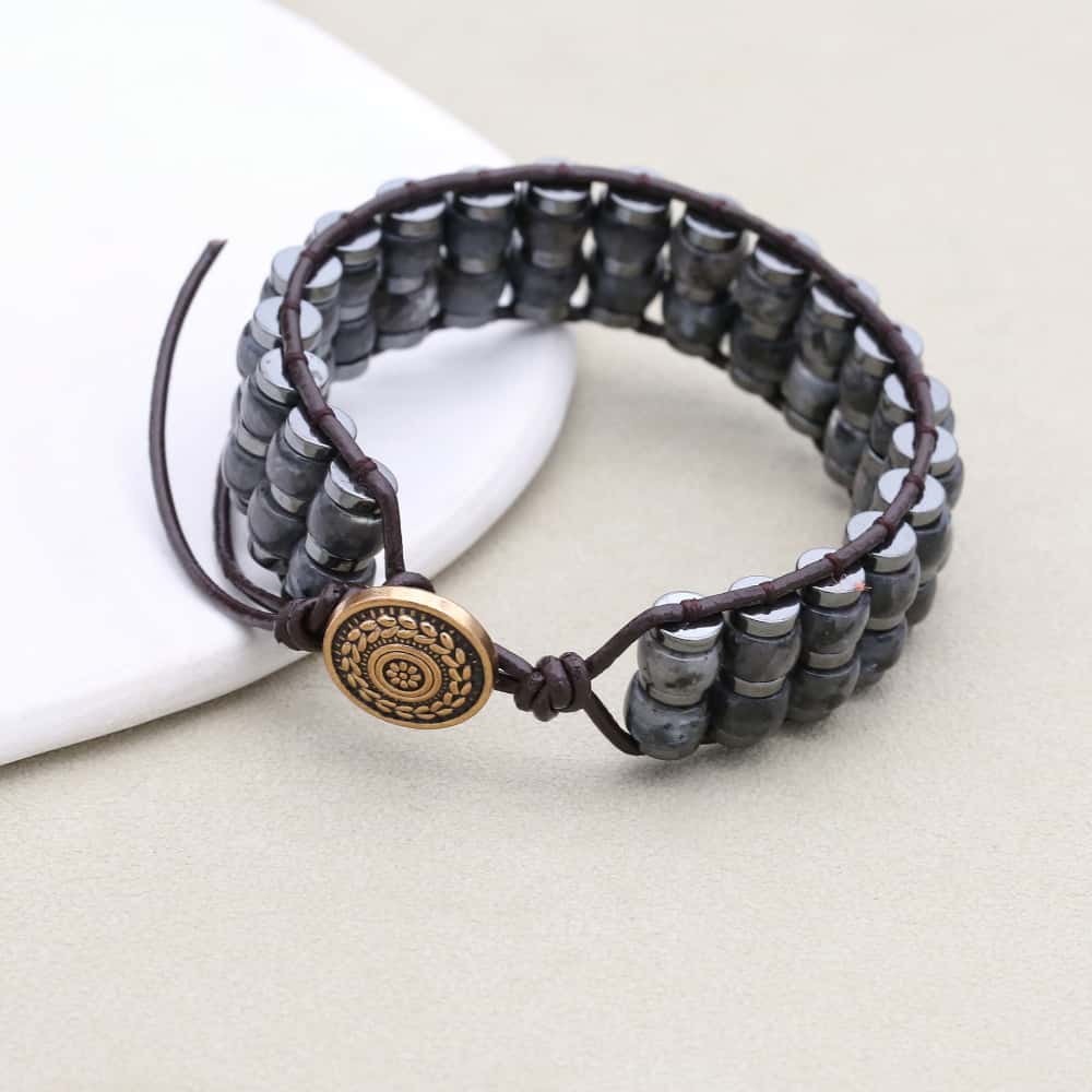 Shield & Aura: Black Flash Hematite Boho Leather Woven Bracelet
