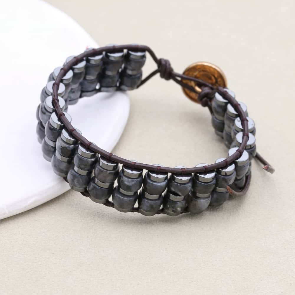 Shield & Aura: Black Flash Hematite Boho Leather Woven Bracelet