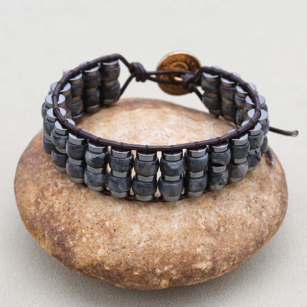 Shield & Aura: Black Flash Hematite Boho Leather Woven Bracelet