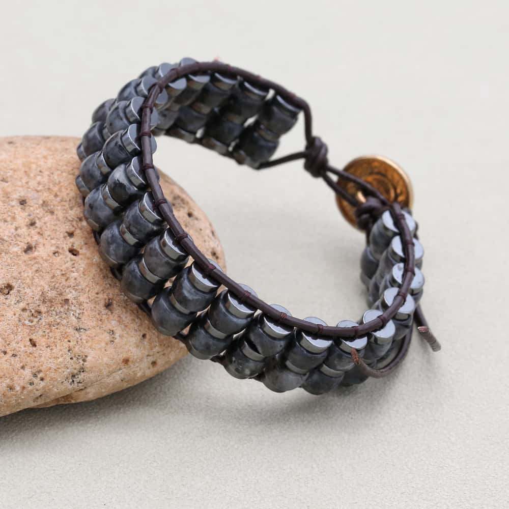 Shield & Aura: Black Flash Hematite Boho Leather Woven Bracelet
