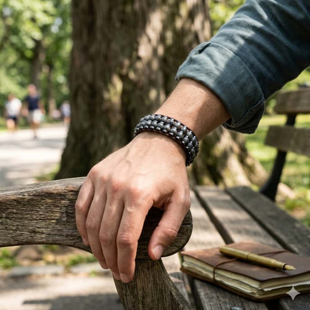 Shield & Aura: Black Flash Hematite Boho Leather Woven Bracelet