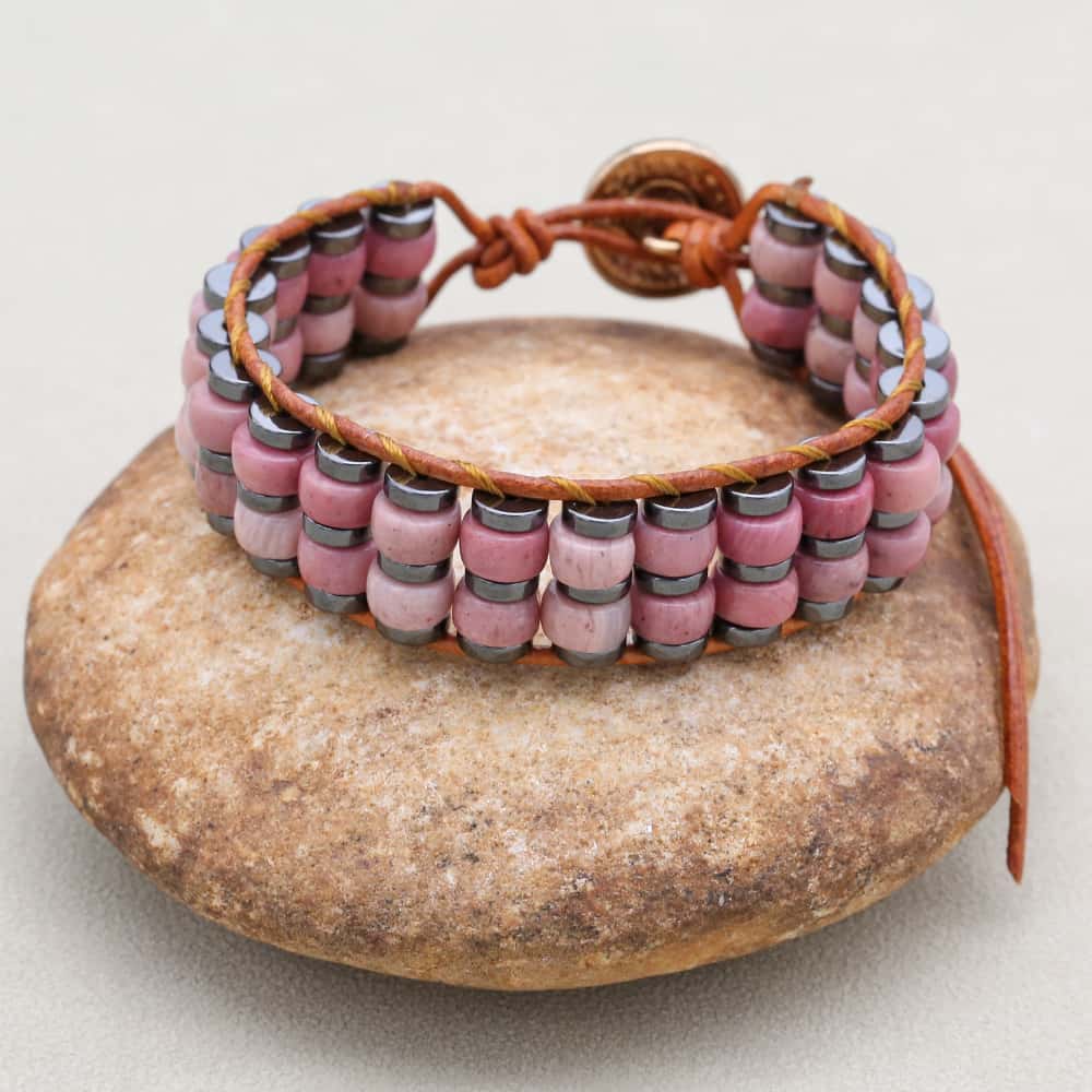 Love & Grounding: Rhodochrosite Hematite Boho Leather Woven Bracelet