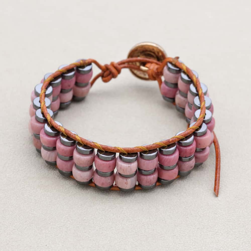 Love & Grounding: Rhodochrosite Hematite Boho Leather Woven Bracelet