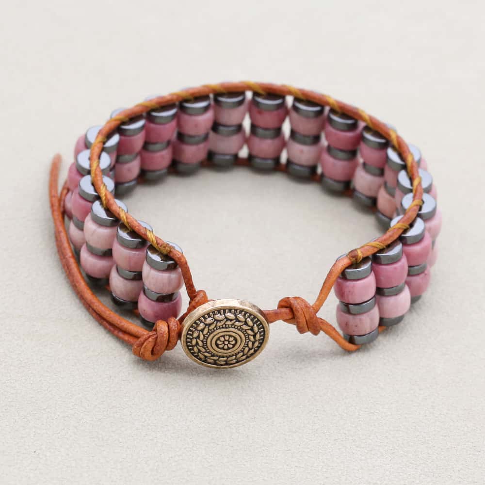 Love & Grounding: Rhodochrosite Hematite Boho Leather Woven Bracelet