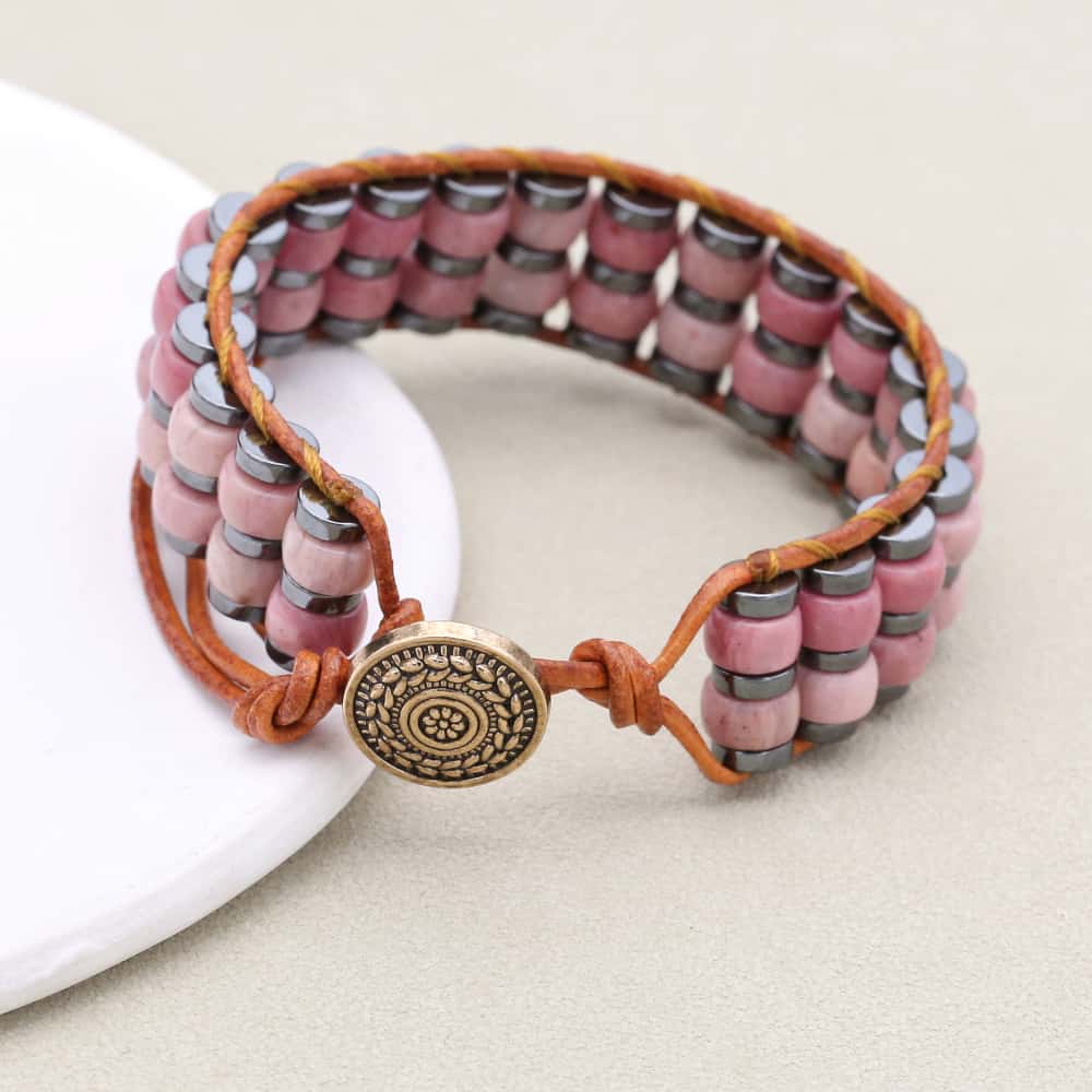 Love & Grounding: Rhodochrosite Hematite Boho Leather Woven Bracelet