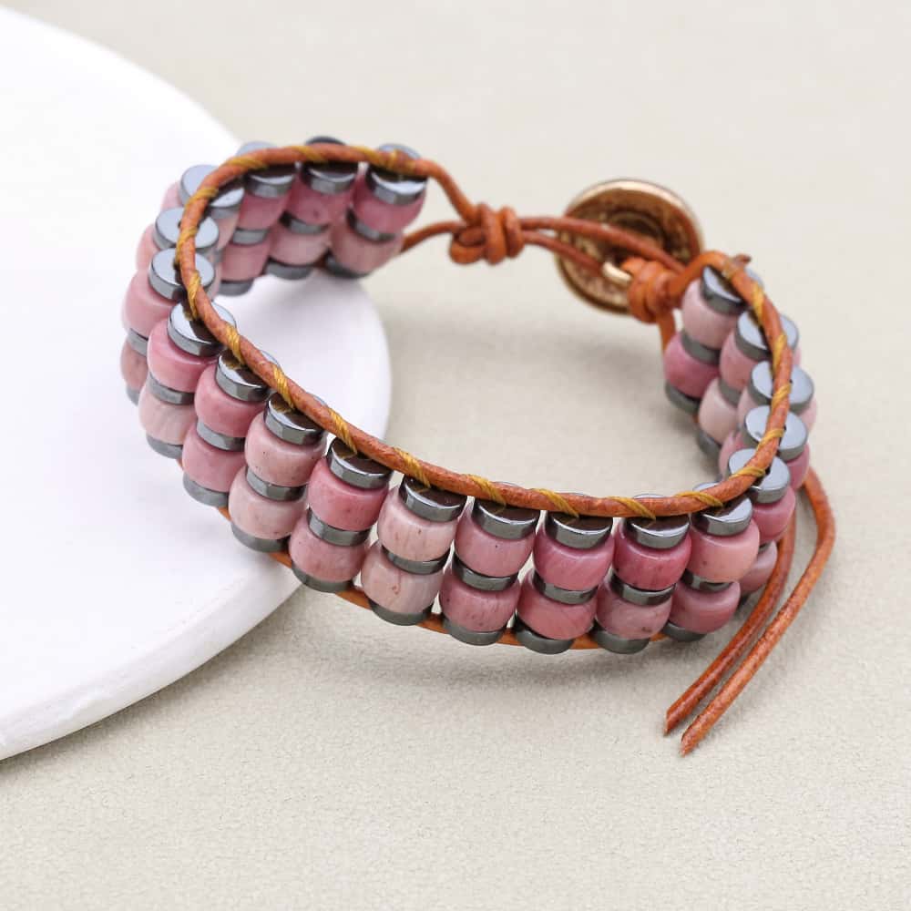 Love & Grounding: Rhodochrosite Hematite Boho Leather Woven Bracelet