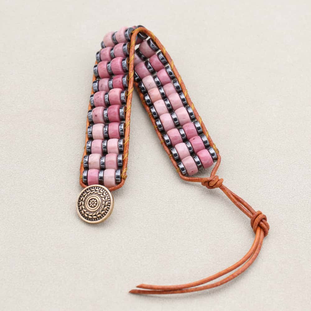 Love & Grounding: Rhodochrosite Hematite Boho Leather Woven Bracelet