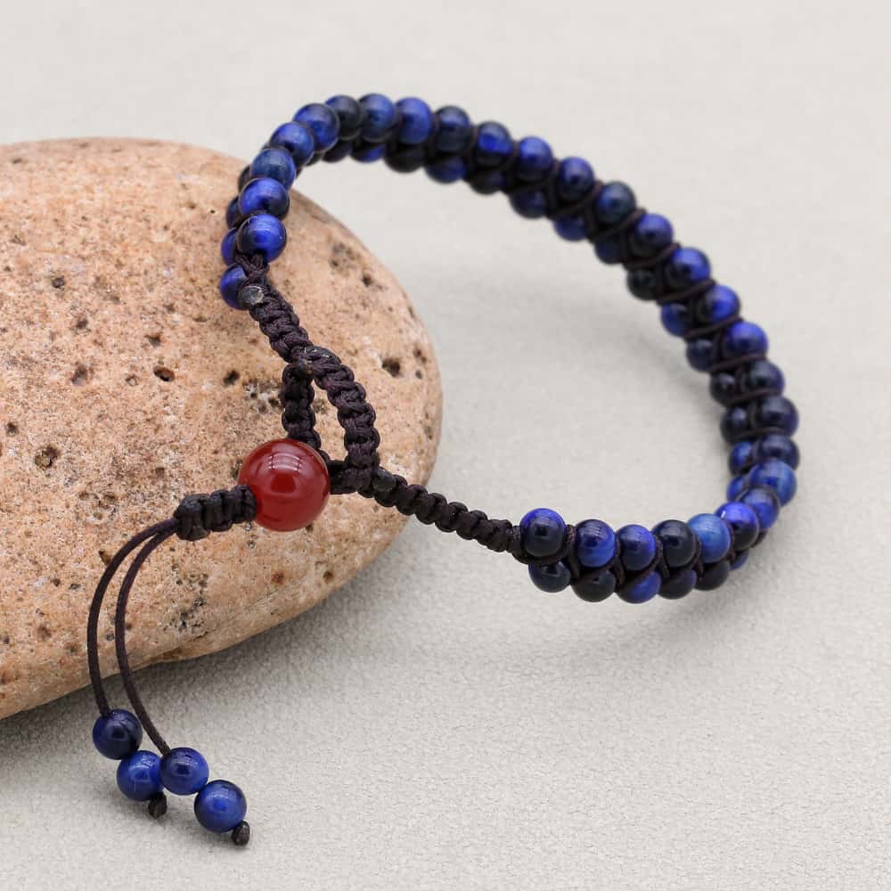 Insight & Protection: Blue Tiger's Eye Red Agate Woven Boho Bracelet