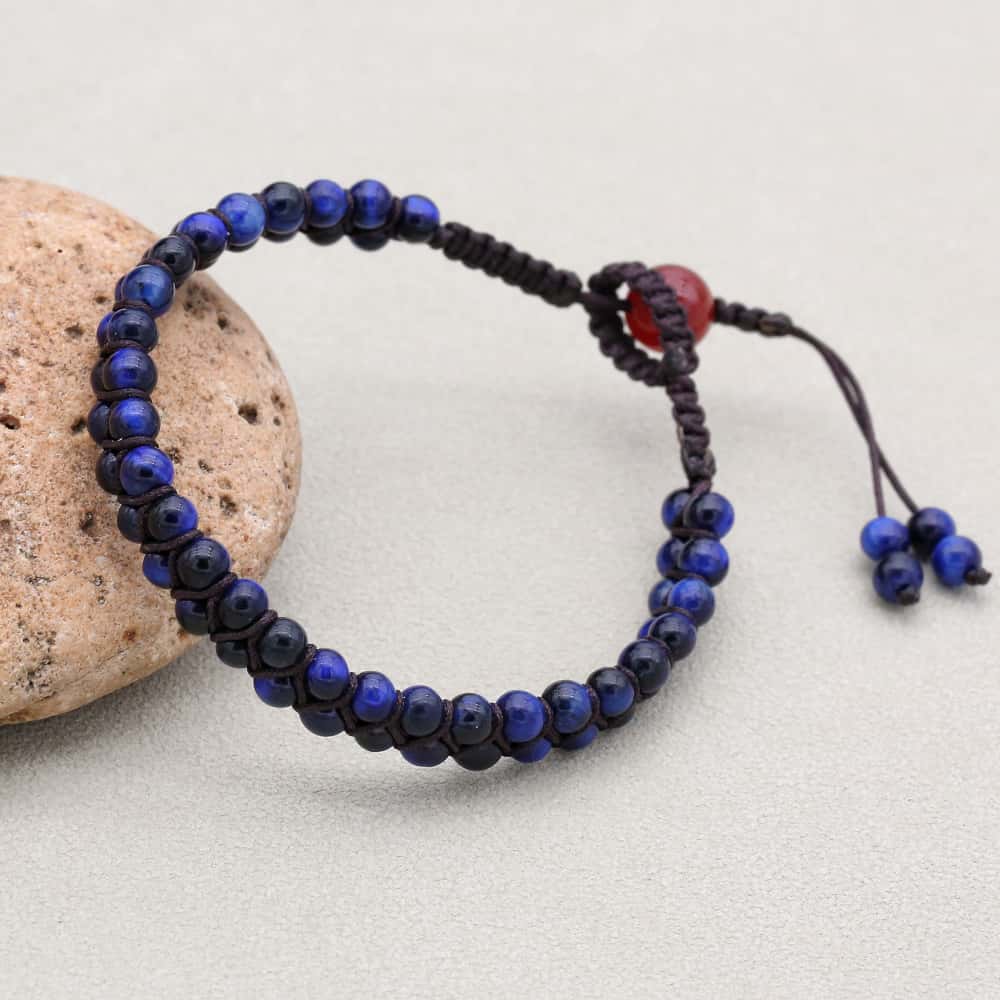 Insight & Protection: Blue Tiger's Eye Red Agate Woven Boho Bracelet