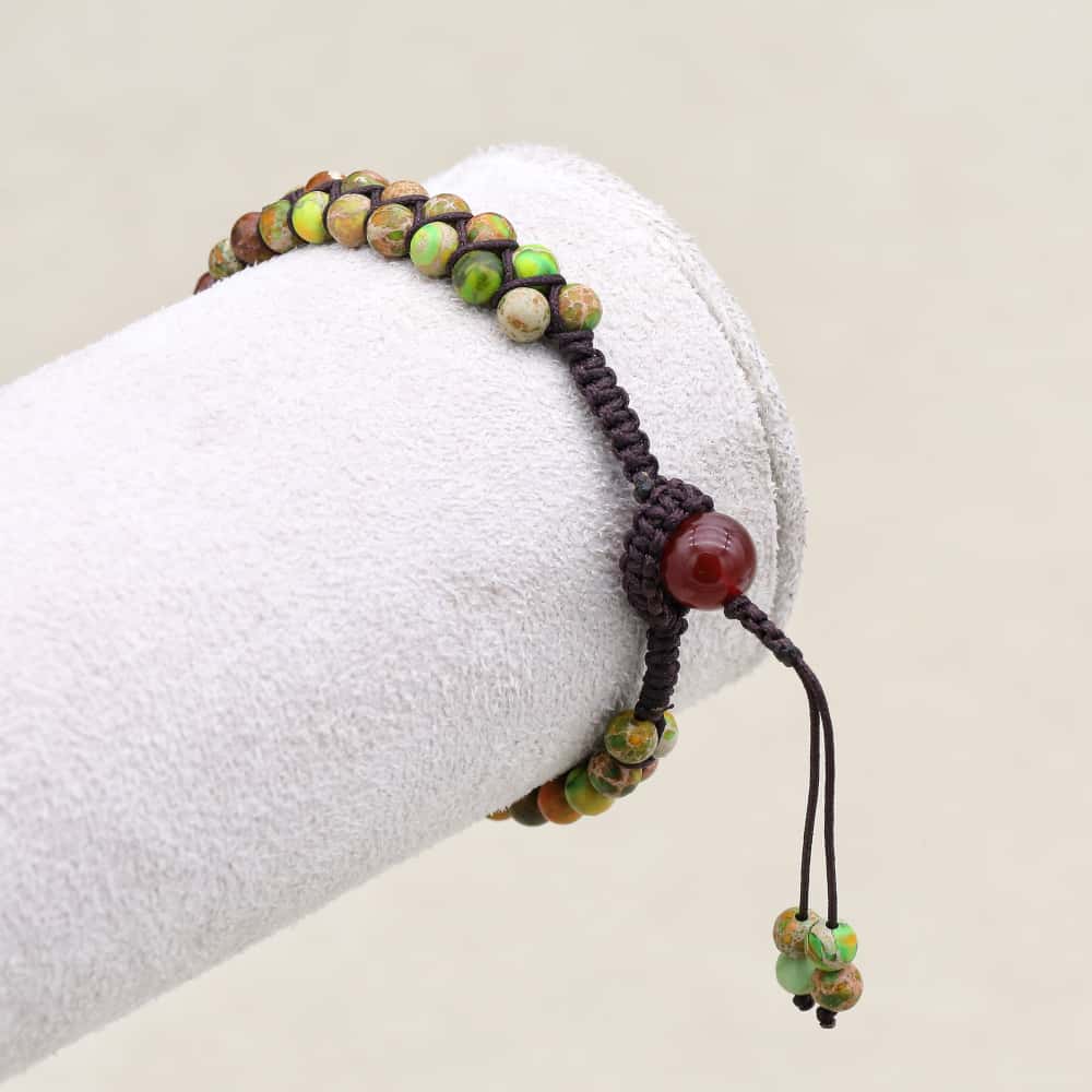 Balance and Fortune: Green Imperial Jasper Red Agate Boho Bracelet