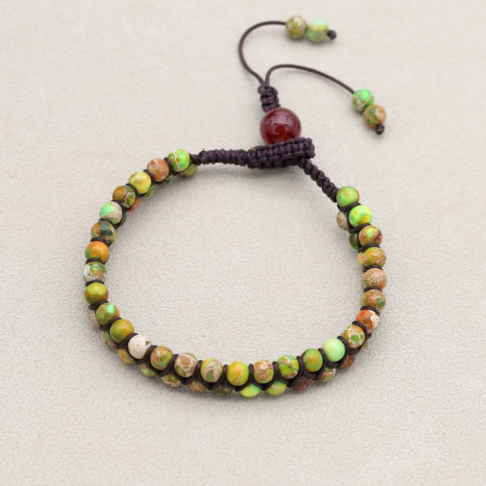 Balance and Fortune: Green Imperial Jasper Red Agate Boho Bracelet