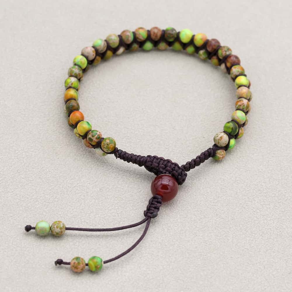 Balance and Fortune: Green Imperial Jasper Red Agate Boho Bracelet