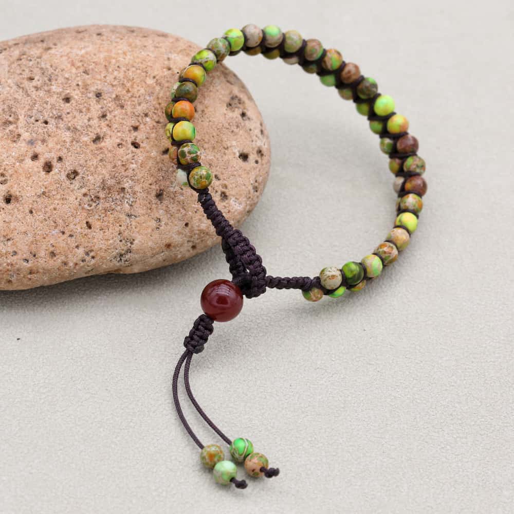 Balance and Fortune: Green Imperial Jasper Red Agate Boho Bracelet