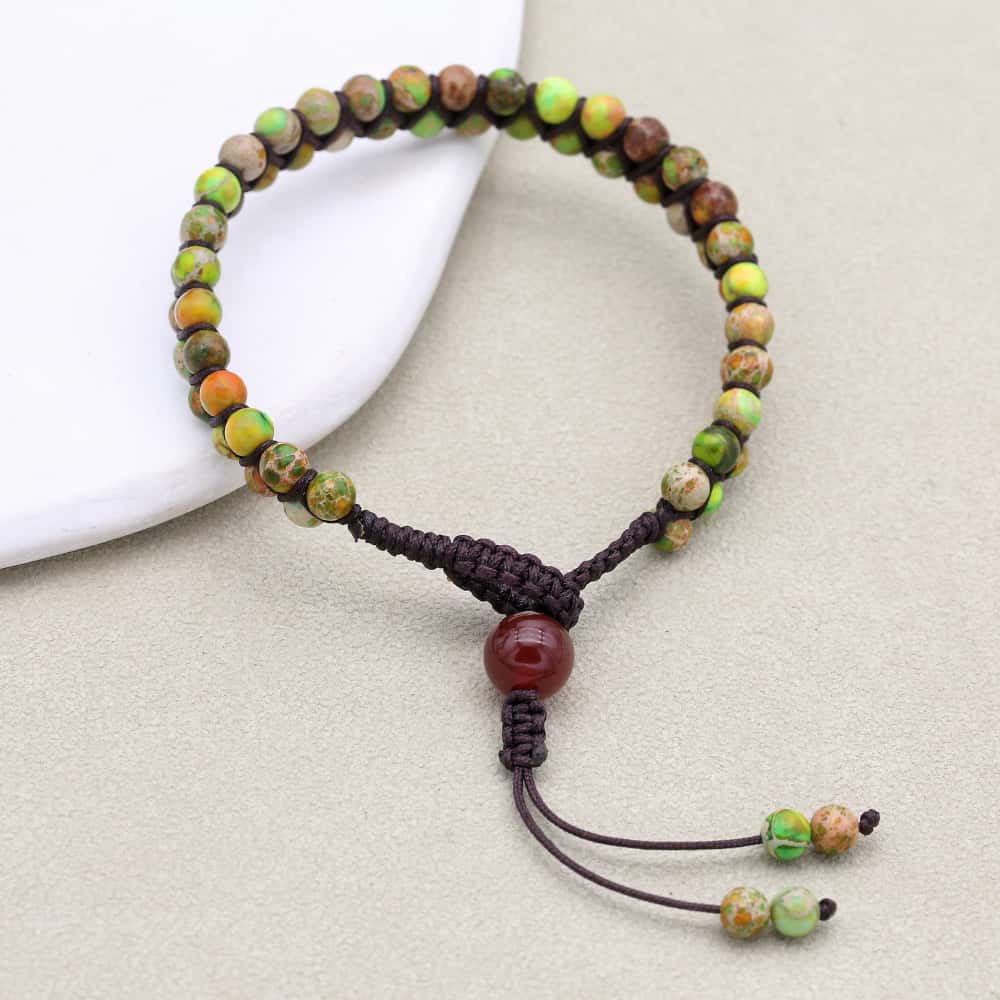 Balance and Fortune: Green Imperial Jasper Red Agate Boho Bracelet