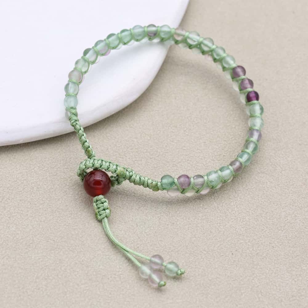 Clarity and Fortune: Rainbow Fluorite Red Agate Woven Boho Bracelet