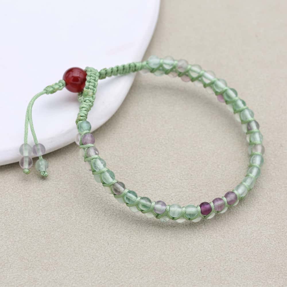 Clarity and Fortune: Rainbow Fluorite Red Agate Woven Boho Bracelet