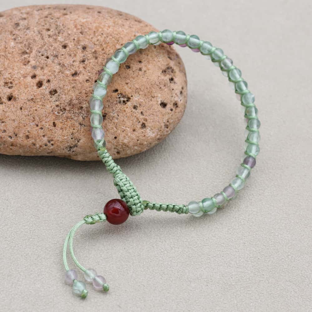 Clarity and Fortune: Rainbow Fluorite Red Agate Woven Boho Bracelet