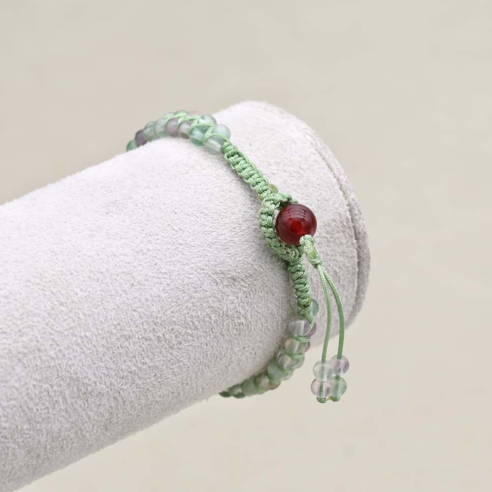 Clarity and Fortune: Rainbow Fluorite Red Agate Woven Boho Bracelet