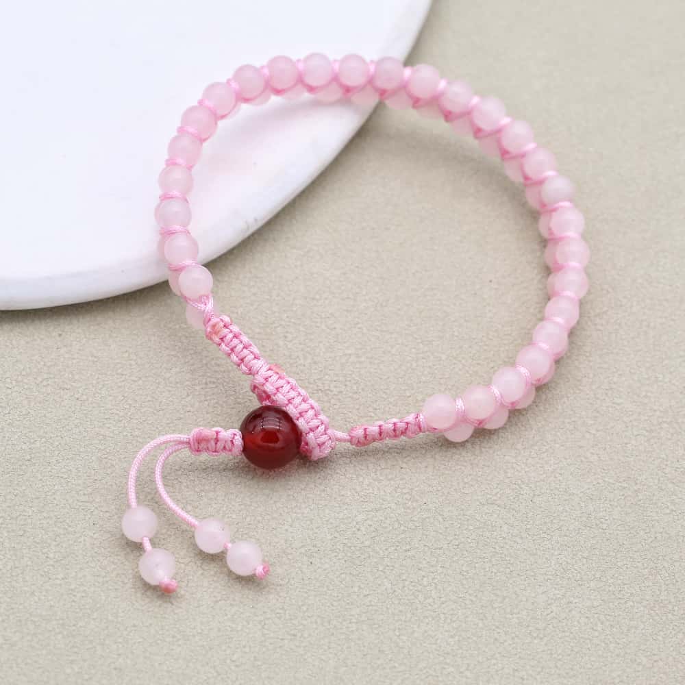 Love and Fortune: Rose Quartz Red Agate Woven Boho Bracelet