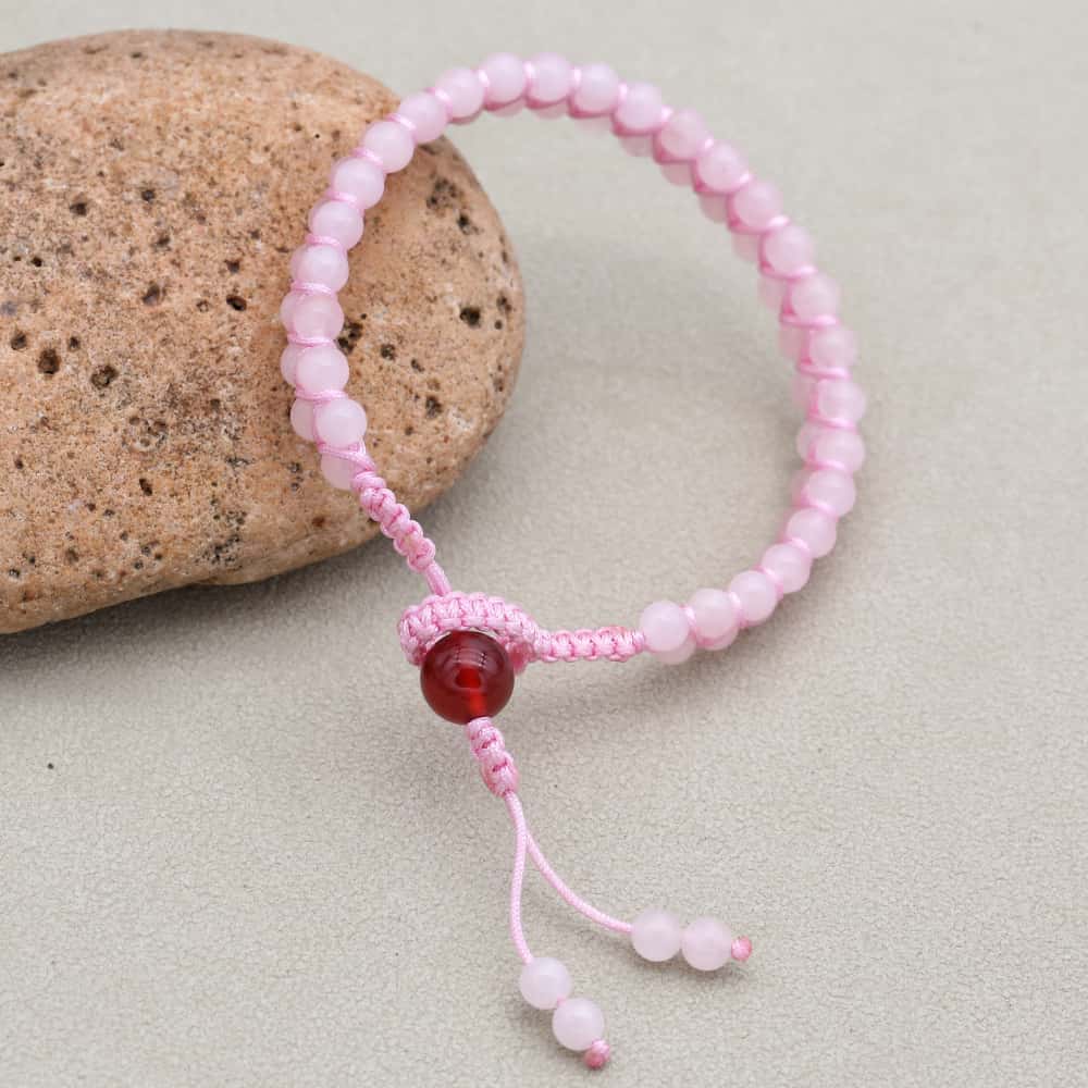Love and Fortune: Rose Quartz Red Agate Woven Boho Bracelet