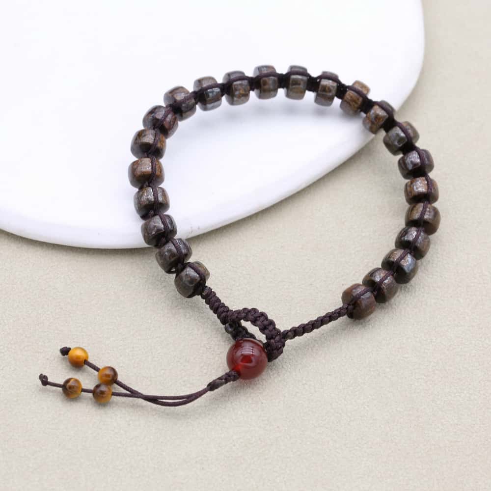 Protection and Prosperity: Bronzite 8mm Red Agate Woven Boho Bracelet