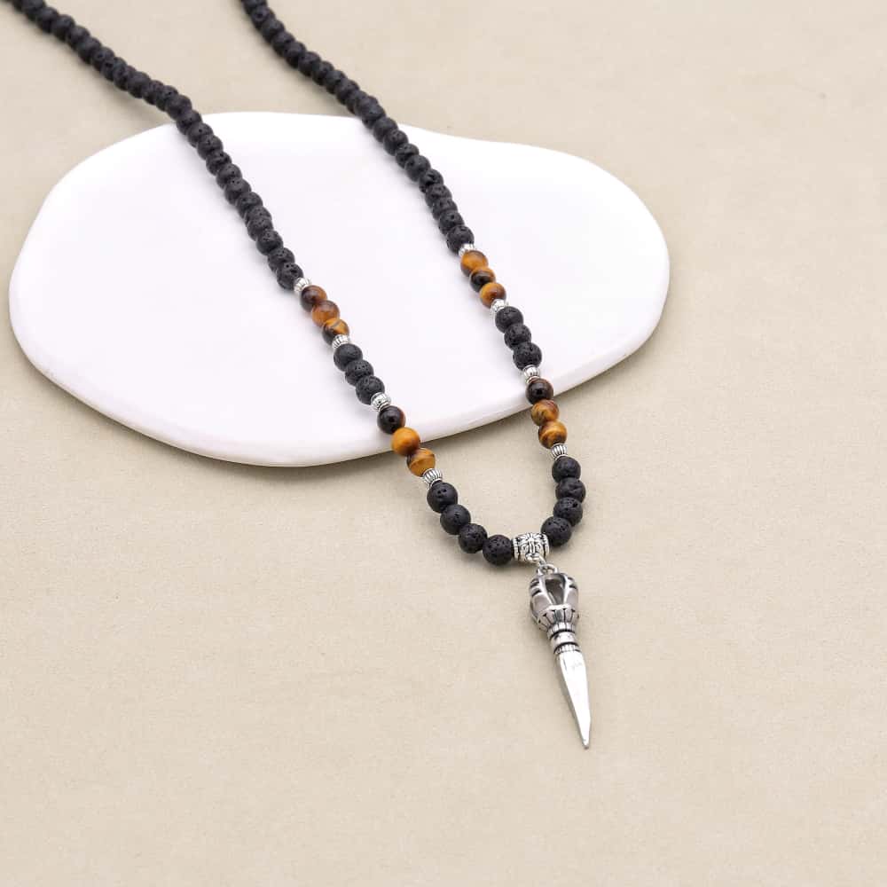 Strength & Protection: Lava Stone Tiger's Eye Vajra Pendant Necklace