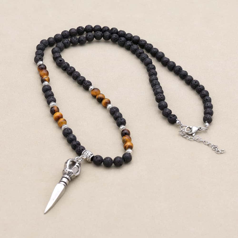 Strength & Protection: Lava Stone Tiger's Eye Vajra Pendant Necklace