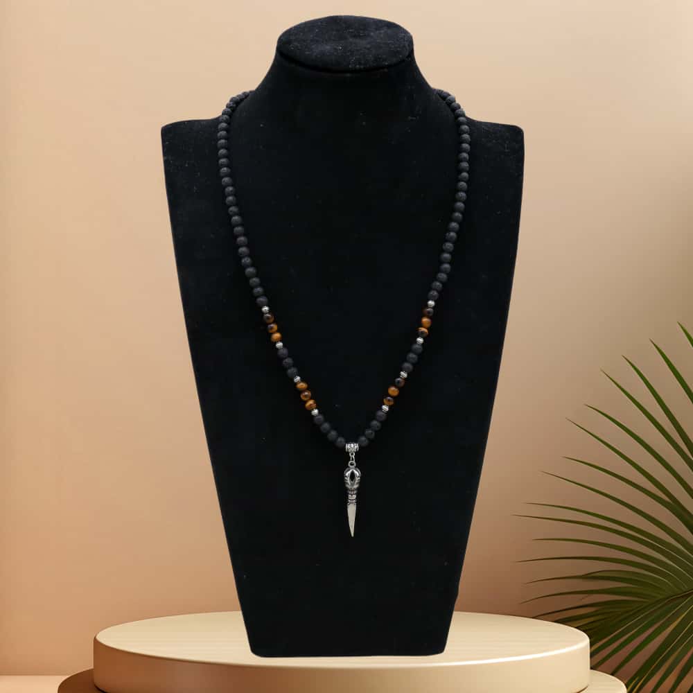 Strength & Protection: Lava Stone Tiger's Eye Vajra Pendant Necklace