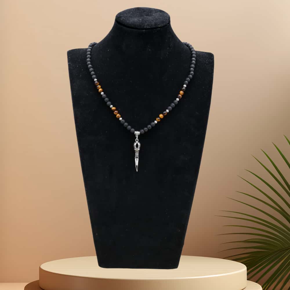 Strength & Protection: Lava Stone Tiger's Eye Vajra Pendant Necklace