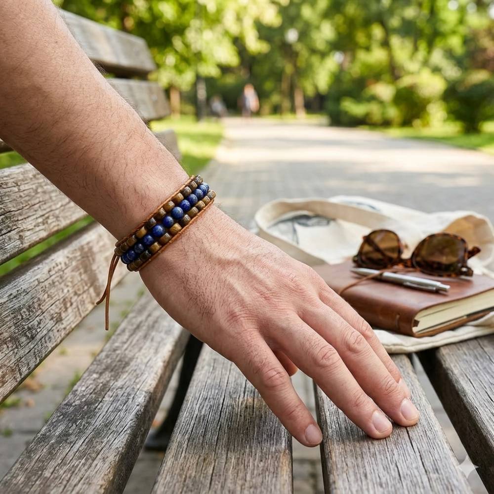 Wisdom and Courage: Lapis Lazuli Tiger's Eye Woven Leather Bracelet