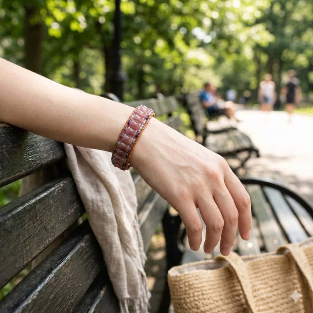 Love and Clarity: Strawberry Quartz Fluorite Boho Leather Wrap Bracelet