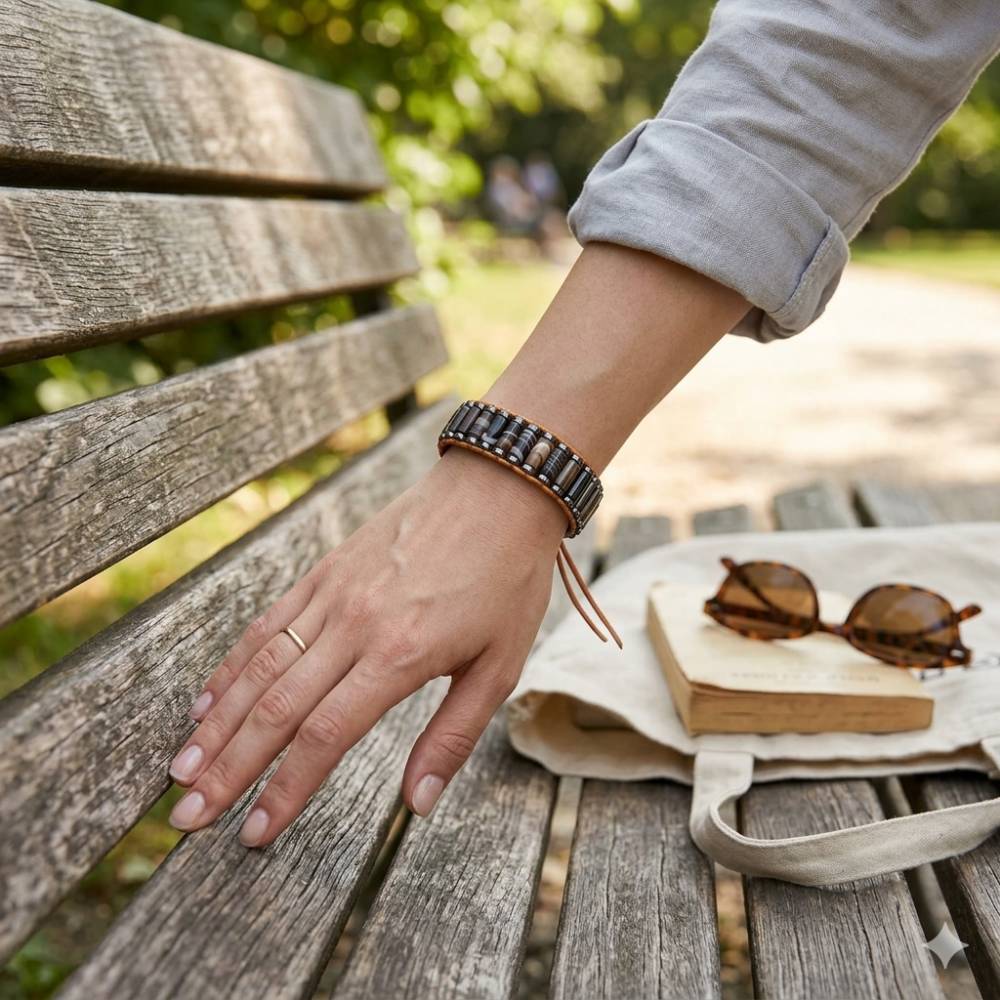 Inner Anchor: Coffee Striped Agate and Grounding Hematite Leather Wrap Bracelet
