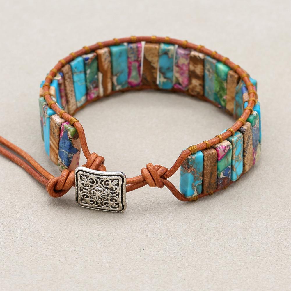 Erdvision Bohemien-Wickelarmband aus Leder und Landschaftsjaspis