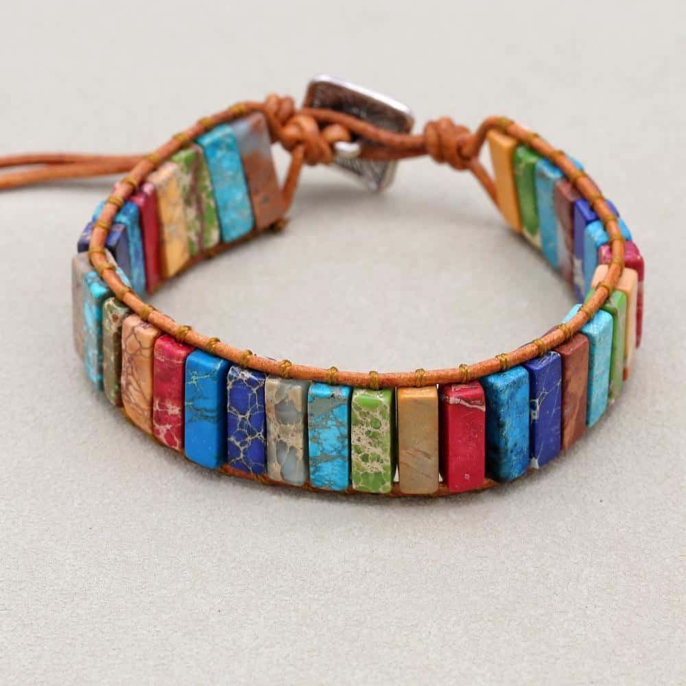 Chakra-Ausrichtung Bohemien-Wickelarmband aus Leder und Imperial-Jaspis