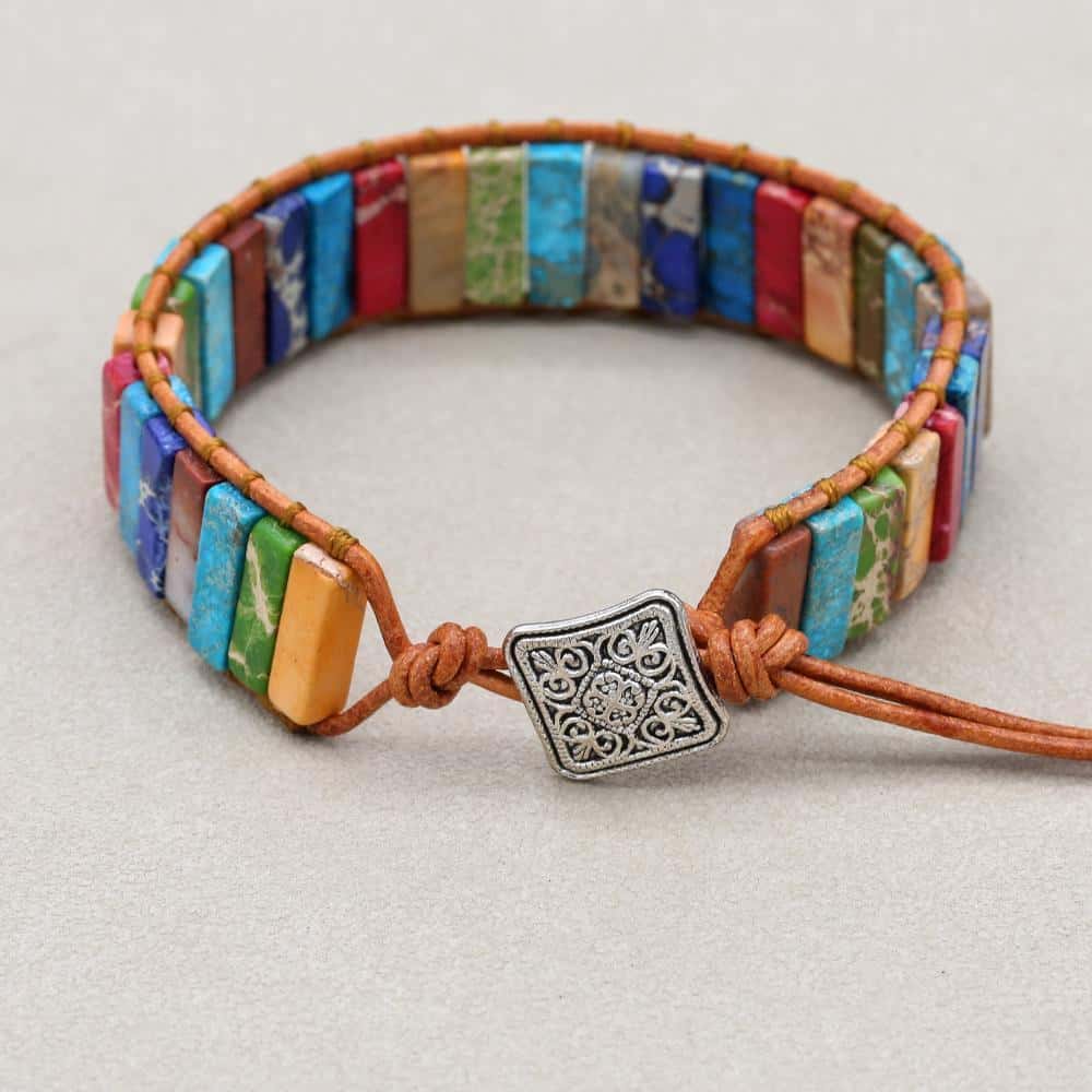 Chakra-Ausrichtung Bohemien-Wickelarmband aus Leder und Imperial-Jaspis