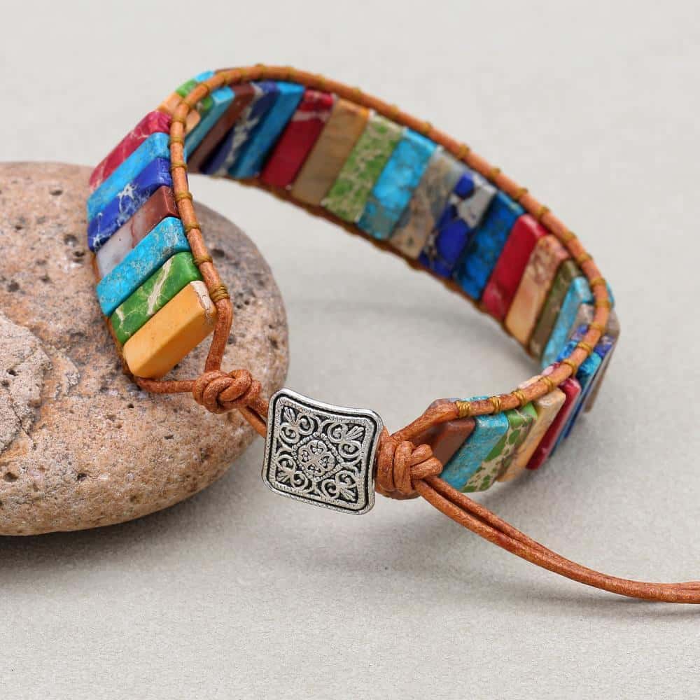 Chakra-Ausrichtung Bohemien-Wickelarmband aus Leder und Imperial-Jaspis
