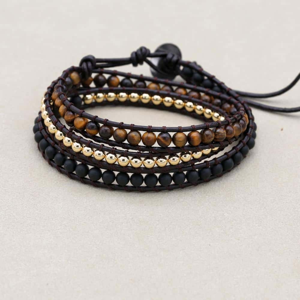 Schutz und Mut Dreifach gewickeltes Lederarmband mit Tigerauge und schwarzem Onyx
