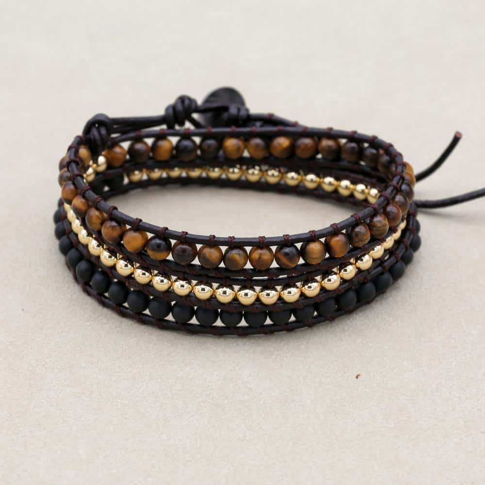 Schutz und Mut Dreifach gewickeltes Lederarmband mit Tigerauge und schwarzem Onyx